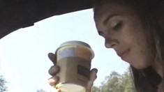 Trashy babe with tiny tits gets drilled hard and creampied in the car